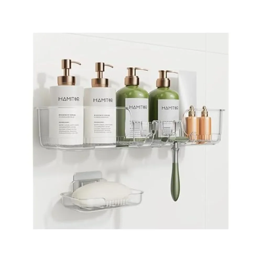 HAMITOR Adhesive Shower Caddy for Bathroom:2 Pack Clear Bath Shelves No Drilling